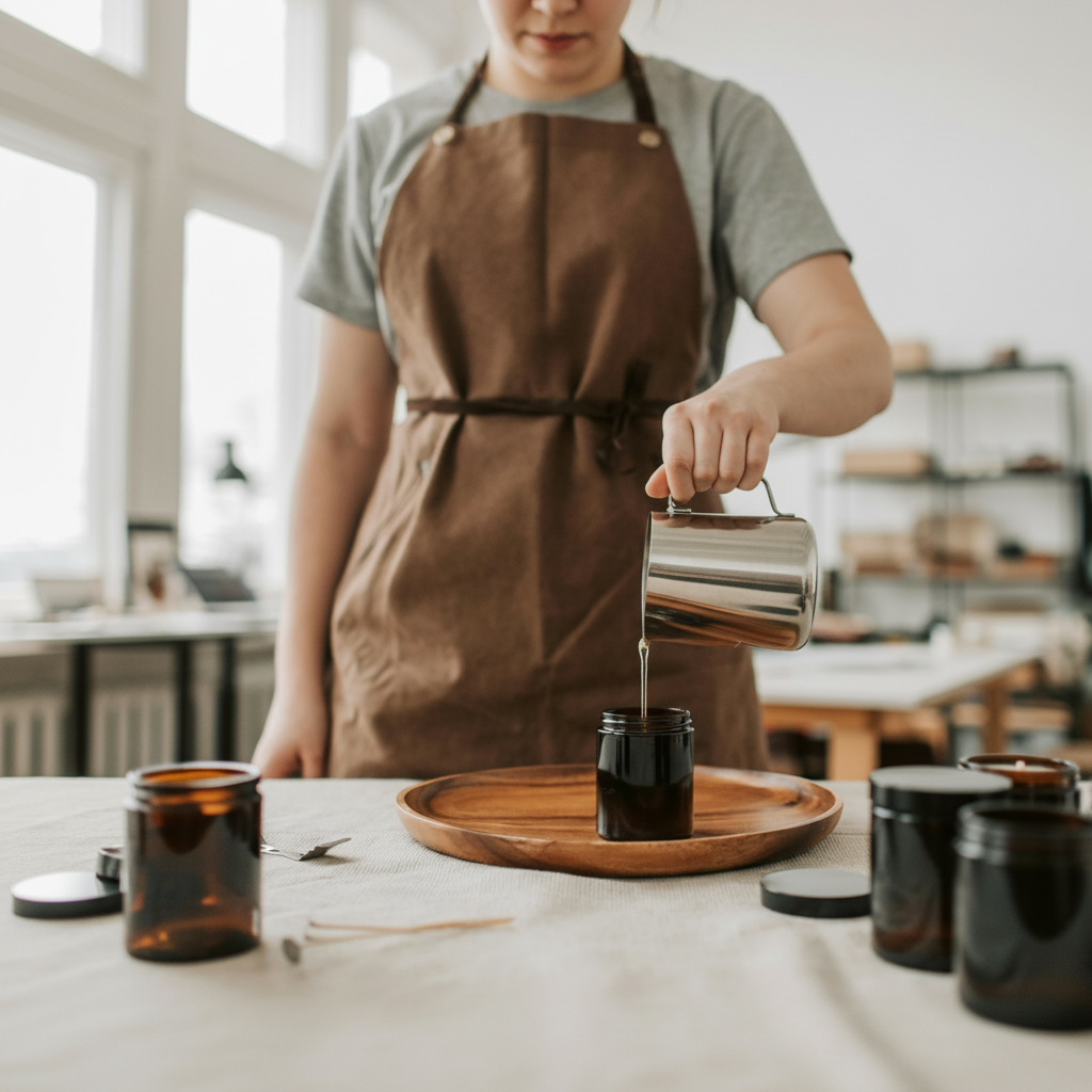 Person pouring wax into a candle jar during a candle making workshop